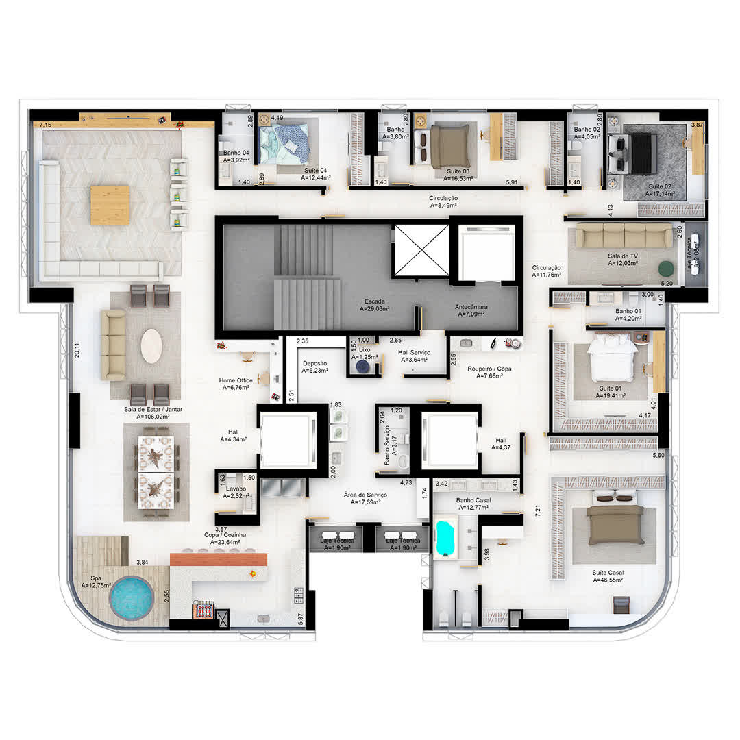 Apartamento de 419,62m² de alto padrão. Uma unidade por andar, com apenas 10 unidades disponíveis.  ﻿  5 Suítes Amplas 3 Elevadores Privativos SPA View Suíte Master com 46m² 12 pontos para Ar Condicionado Acabamento em Alto Padrão